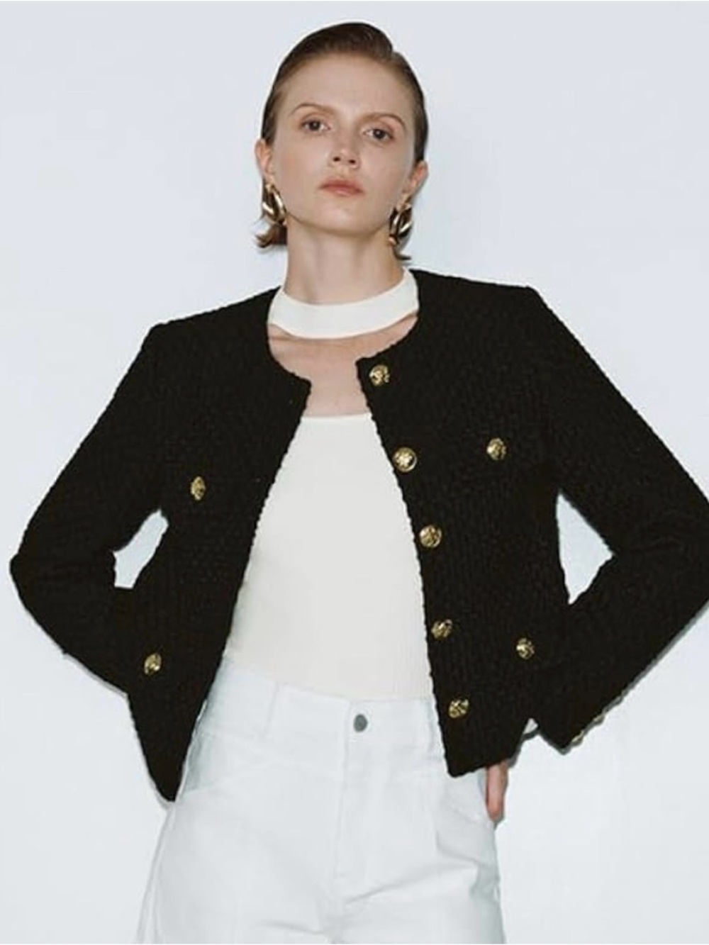 Urban Revivo Classic Black tweed Textured Button Jacket - Elegant Cropped Coat